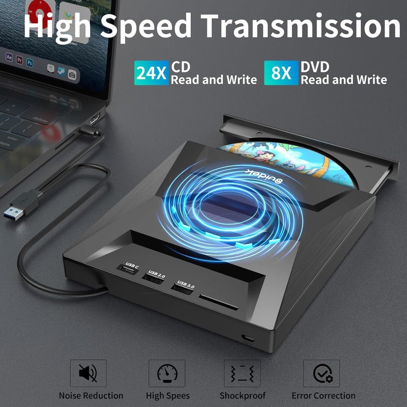 SUIDEK External CD DVD Drive for Laptop, USB C Portable CD/DVD +/-RW Burner DVD Player with SD Card Reader USB 3.0 Type C Hub Compatible with Laptop PC Windows Linux - Image 4